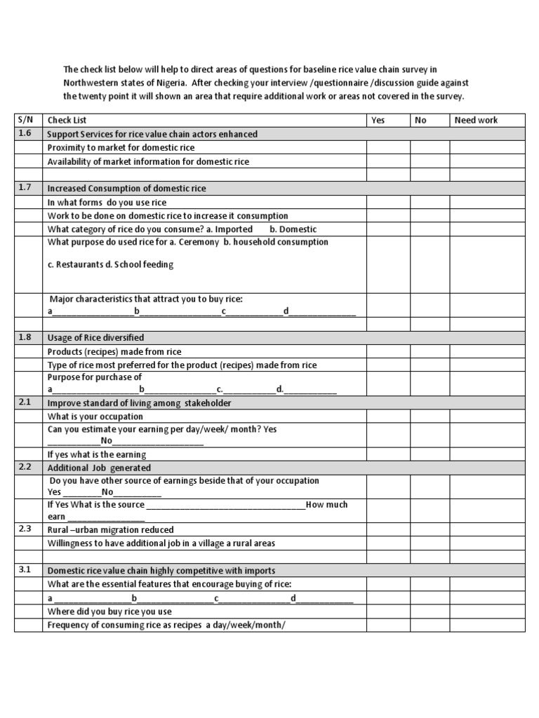 Rice Value Chain Survey Checklist | PDF | Rice | Economies