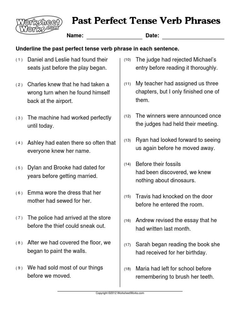 WorksheetWorks Past Perfect Tense Verb Phrases 1 | Grammatical Tense | Verb