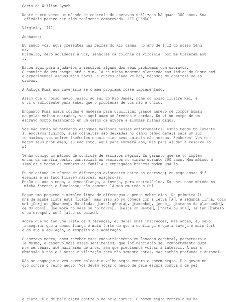Carta de William Lynch PDF Negros Escravidão