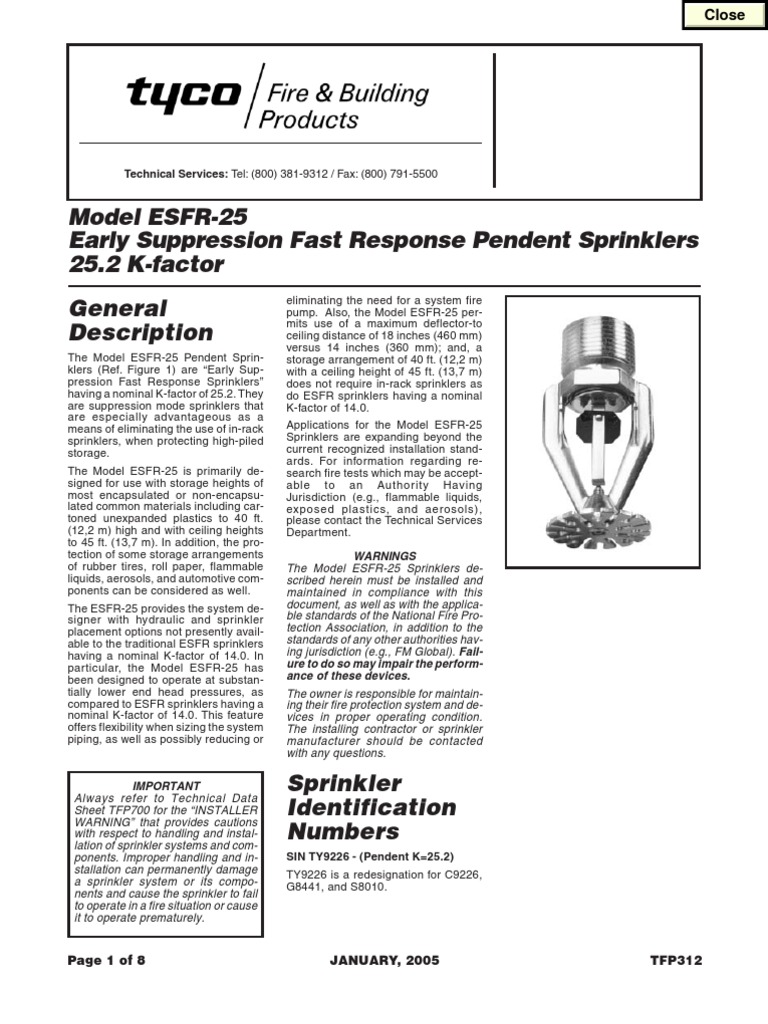 Model ESFR25 Early Suppression Fast Response Pendent Sprinklers 25.2 K