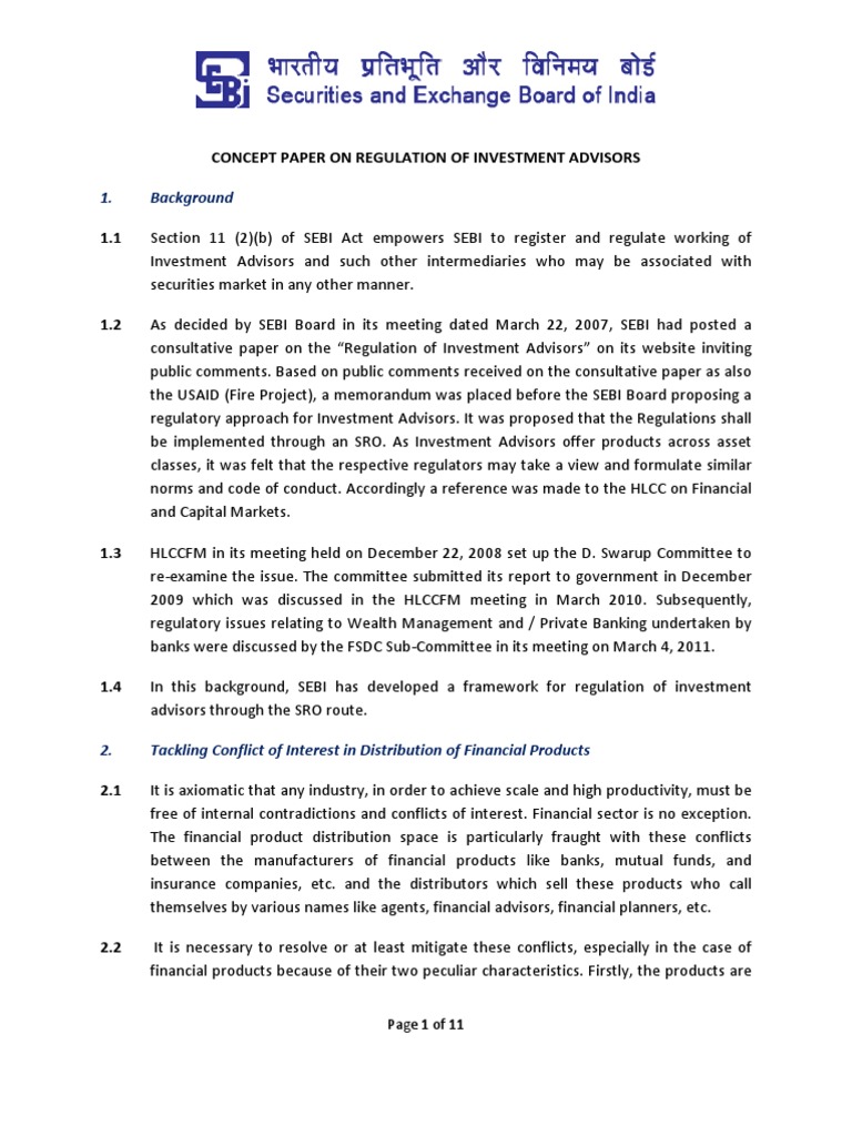 SEBI - Regulation of Investment Advisors - Concept Paper 26 Sept'11 ...