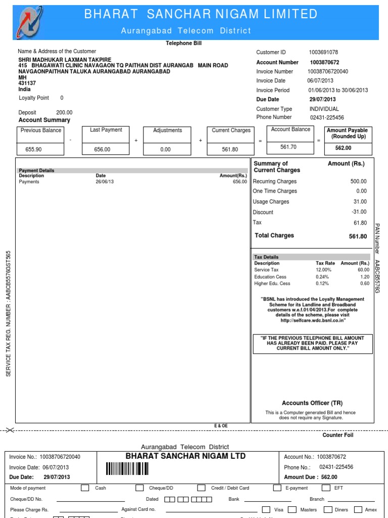 BSNL Bill PDF Invoice Payments
