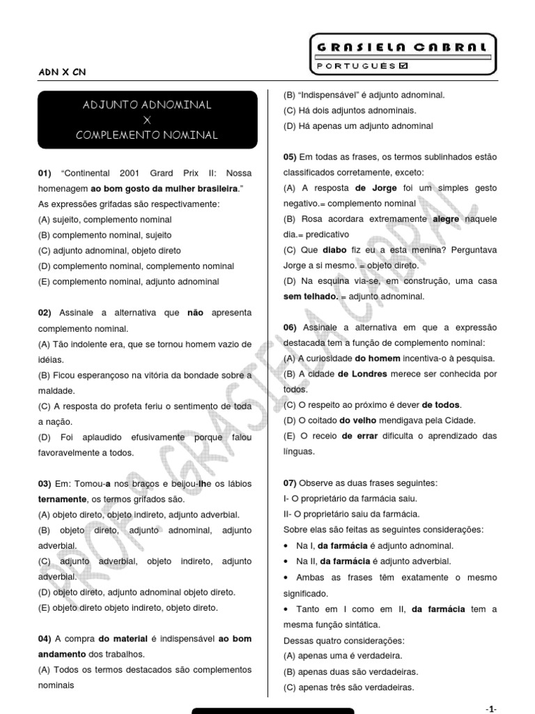 Adjunto Adnominal X Complemento (1) | Objeto (Gramática) | Assunto ...