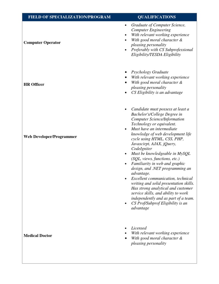 Computer Operator: Field of Specialization/Program Qualifications | PDF ...