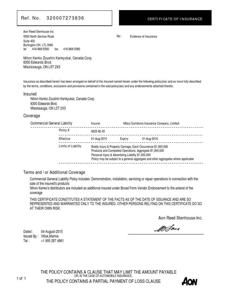 Certificate of Liability Insurance - CN | PDF | Liability Insurance ...
