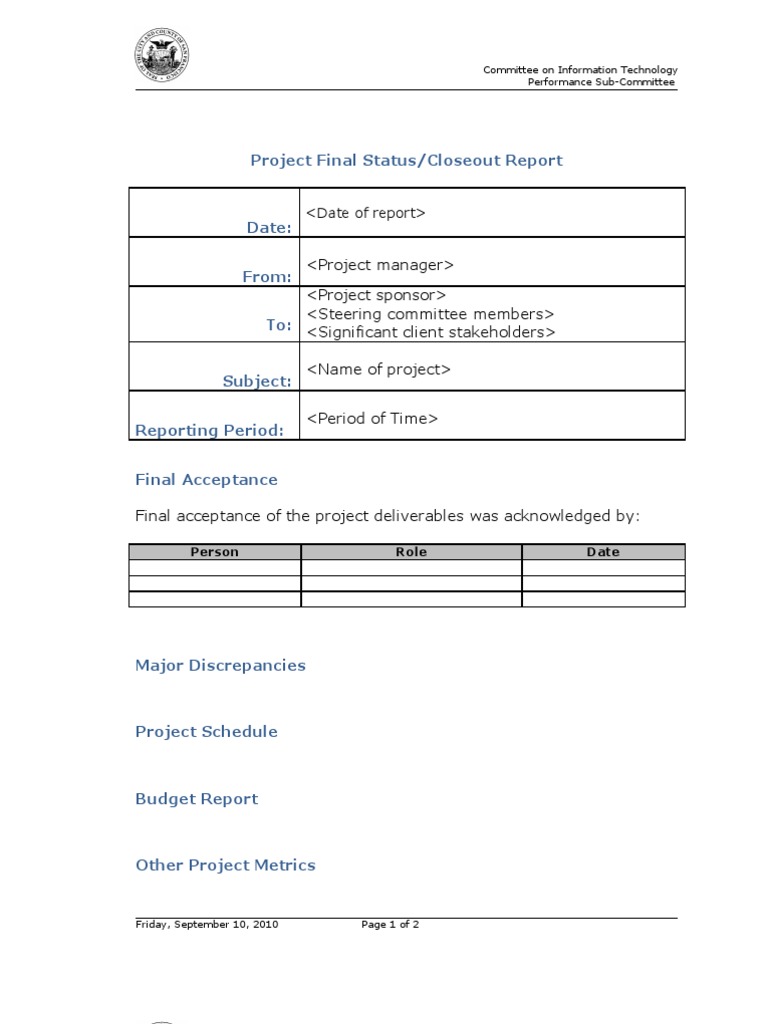 Project Final Status-Acceptance-Closeout Template v1.1 | PDF
