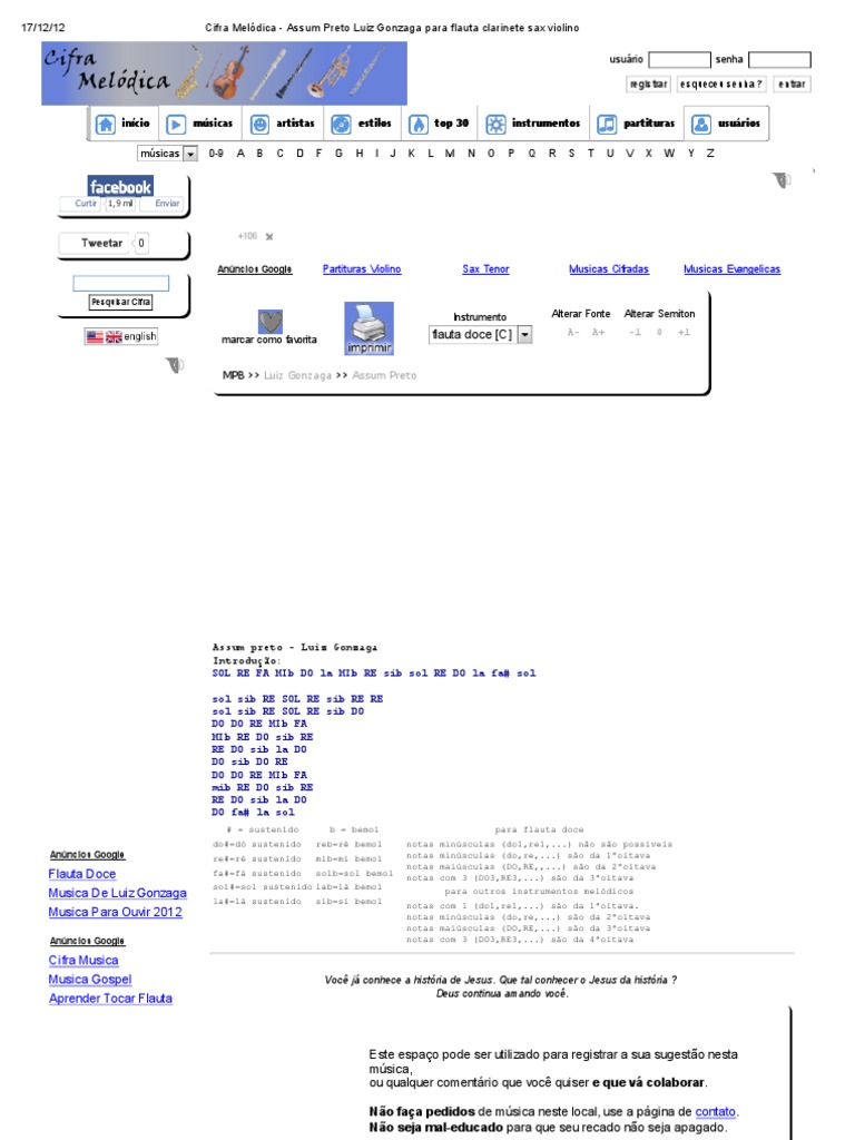 Cifra Melódica Assum Preto Luiz Gonzaga para Flauta Sax