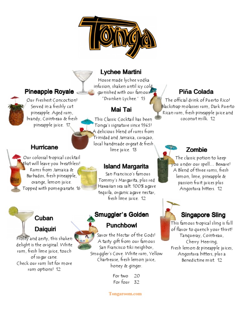 Tonga Room Cocktail Menu, July 2013 Rum Alcoholic Drinks