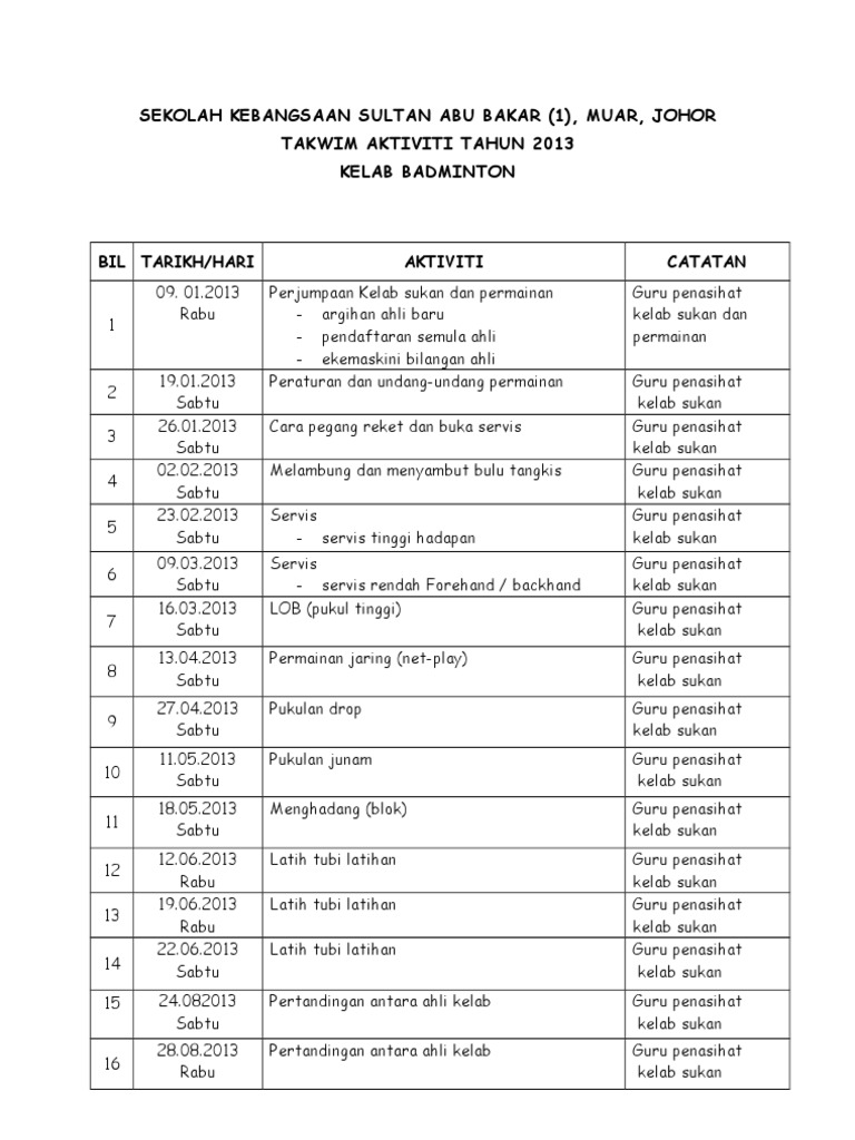 Takwim Aktiviti Kelab Badminton Pdf