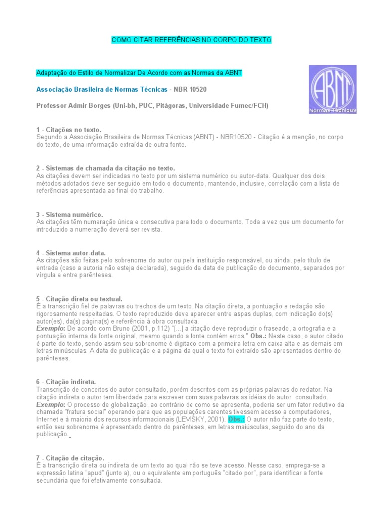 Como Citar Refer ncias No Corpo Do Texto Abnt PDF