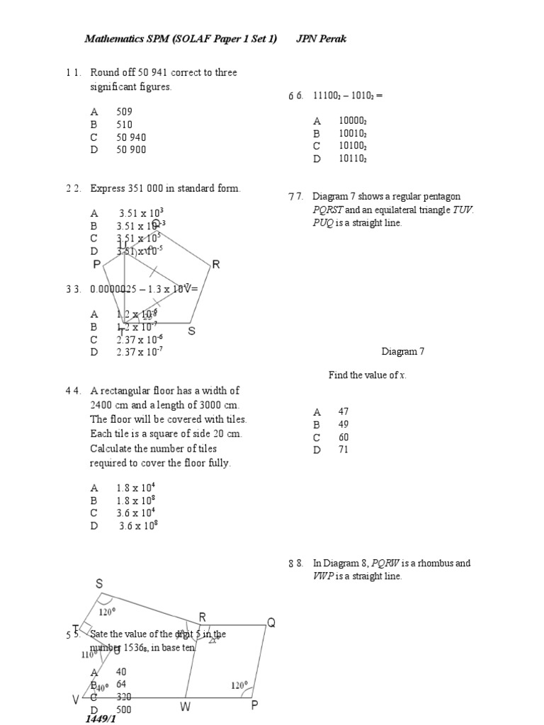 SPM Mathematics Practice Paper 1 | PDF