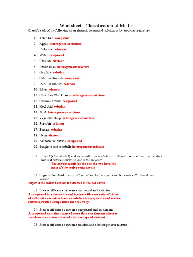 Worksheet Classification Of Matter Key