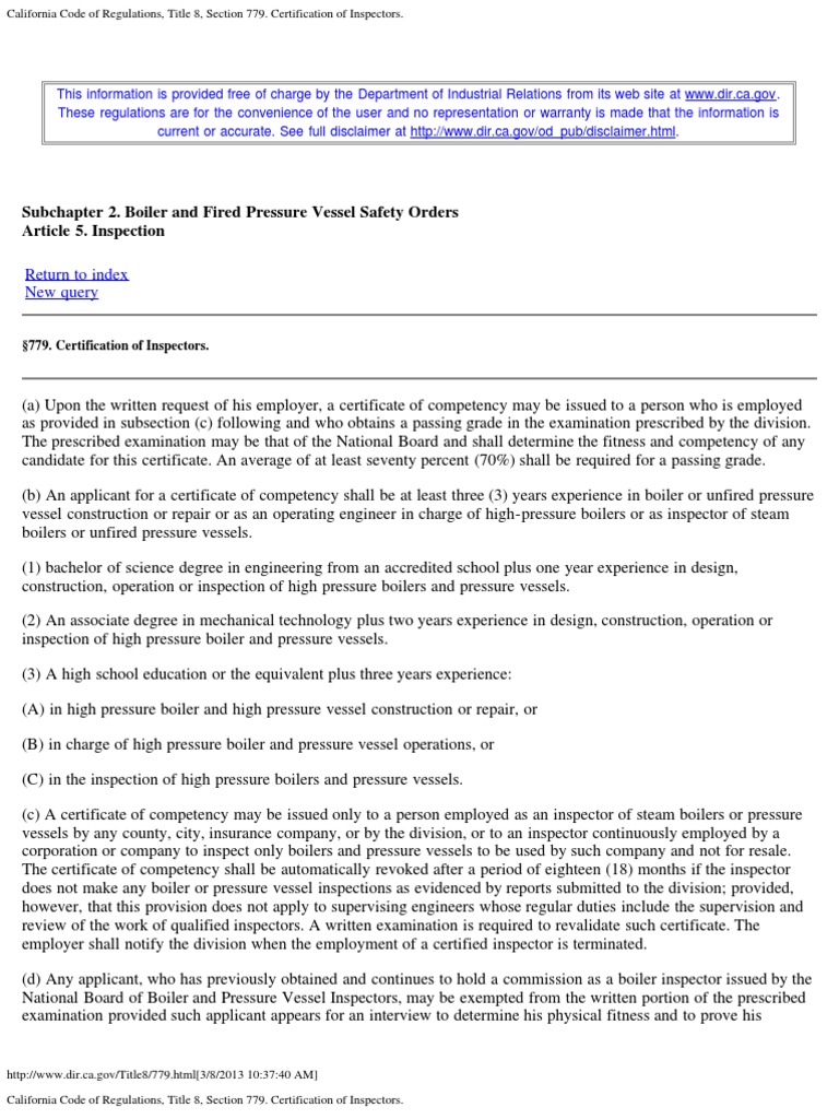 California Code of Regulations, Title 8, Section 779. Certification of