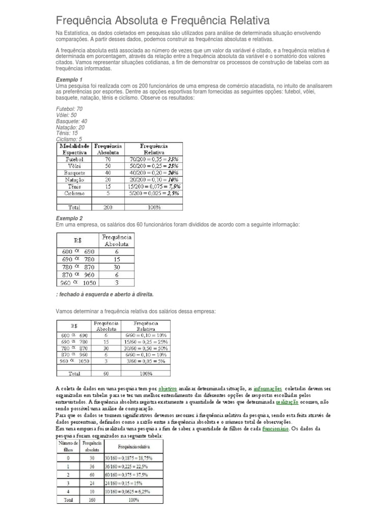 Frequência Absoluta e Frequência Relativa | PDF | Dados | Opção (finanças)