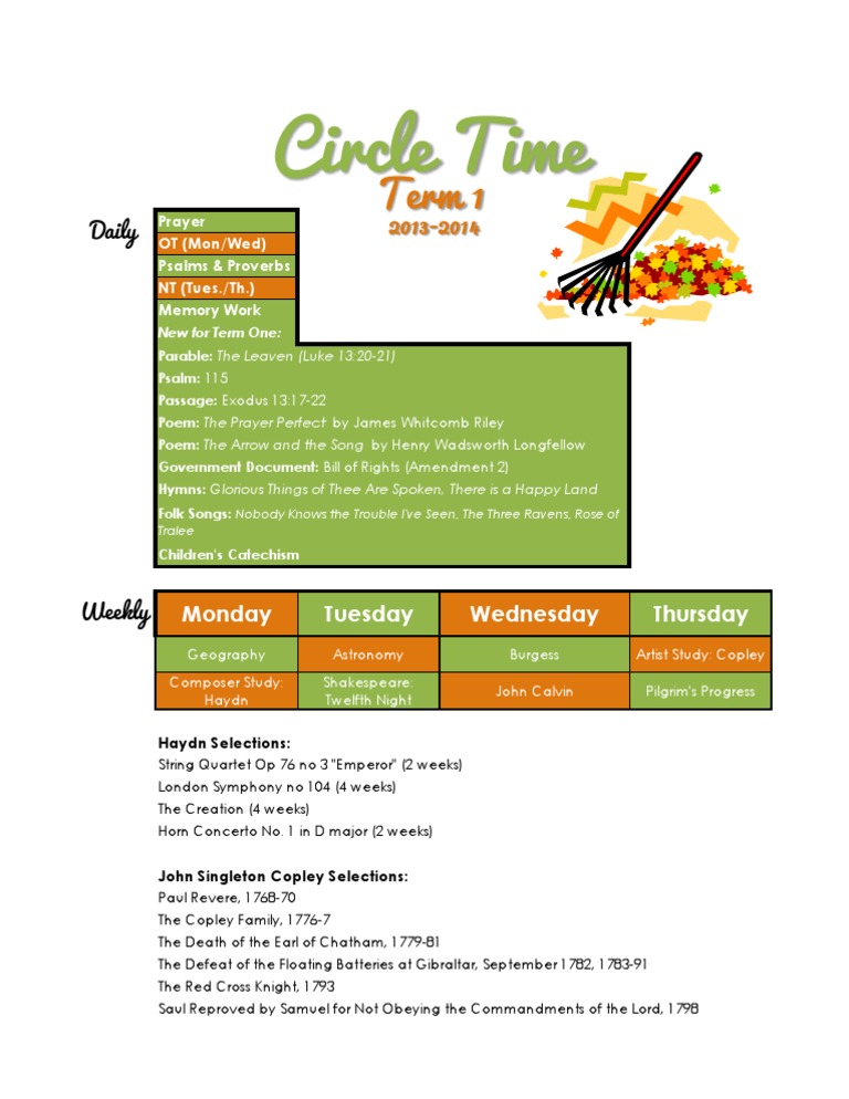 Circle Time Weekly Schedule 20132014 Term 1