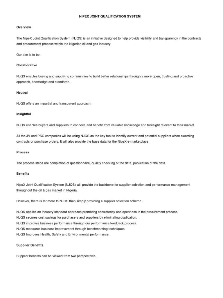 Nipex Joint Qualification System | PDF | Procurement | Supply Chain