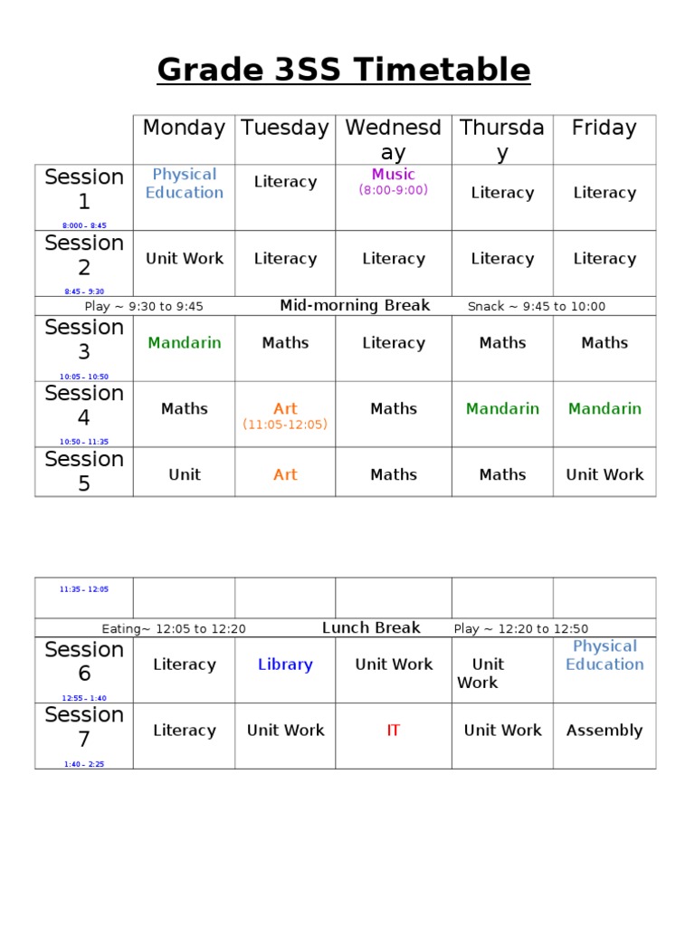 Grade 3 Weekly Class Schedule | PDF | Foreign Language Studies