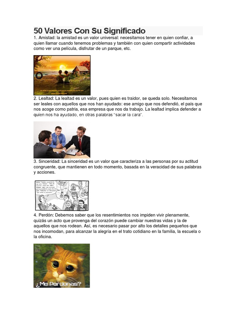 50 Valores Con Su Significado