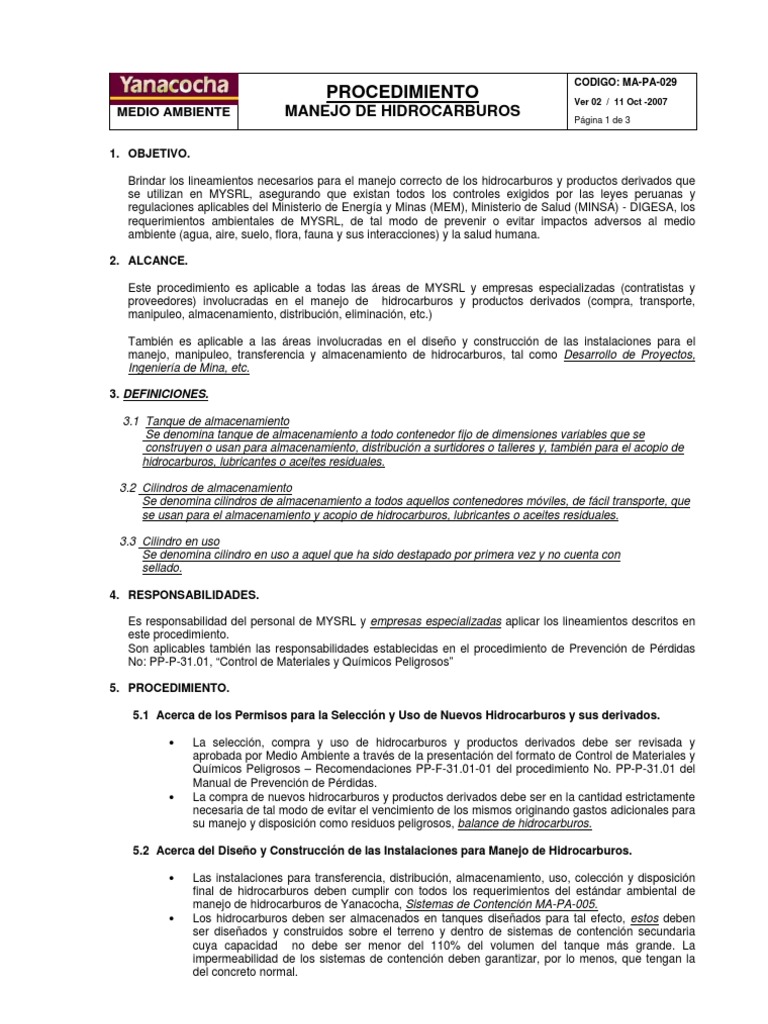 Procedimiento para Manejo de Hidrocarburos | PDF | Residuos | Petróleo
