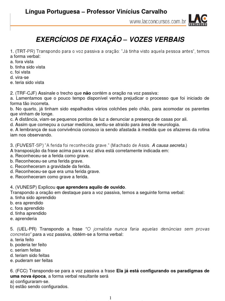 Exercícios de Vozes Verbais com Gabarito | PDF | Desmatamento | Economia