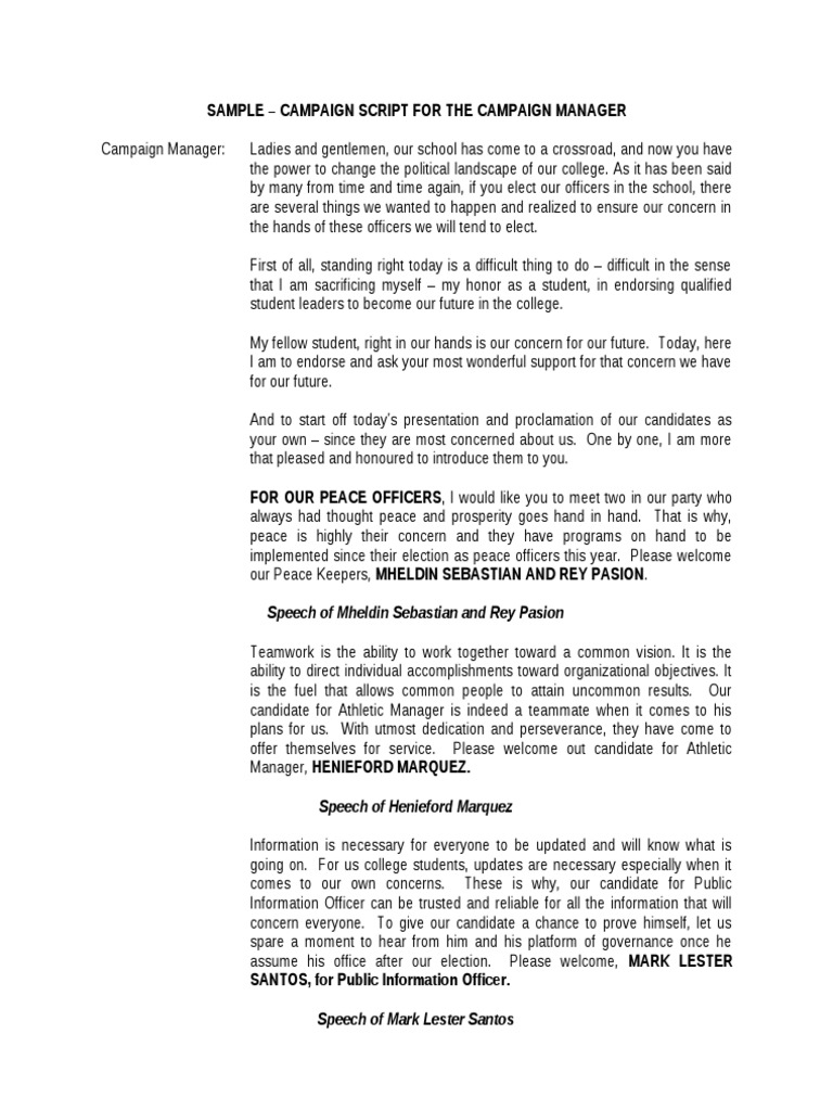Campaign Script for School Elections | PDF