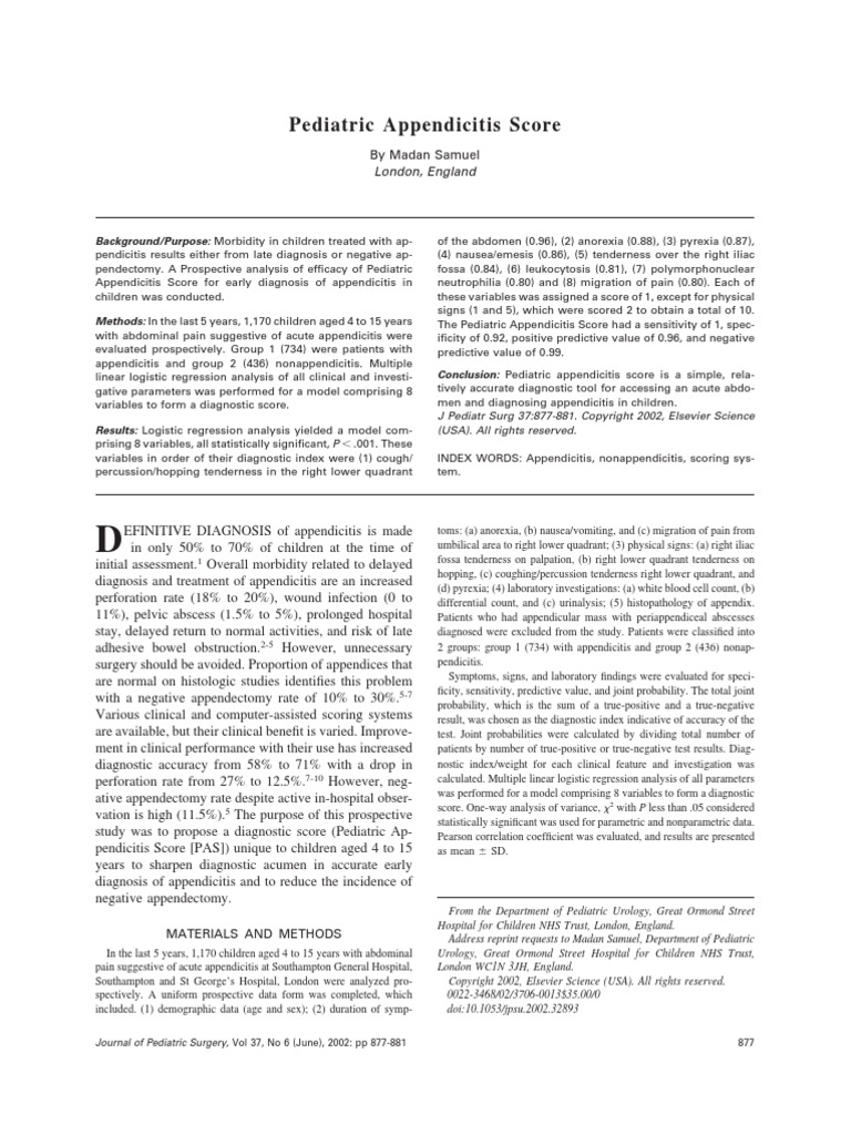 Pediatric Appendicitis Score Health Sciences Wellness