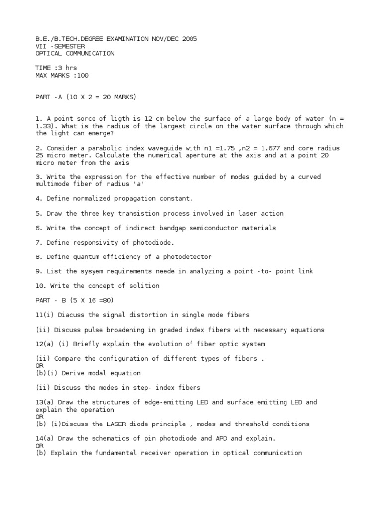 Annauniversity Optical Communication Question Paper | PDF | Optical ...