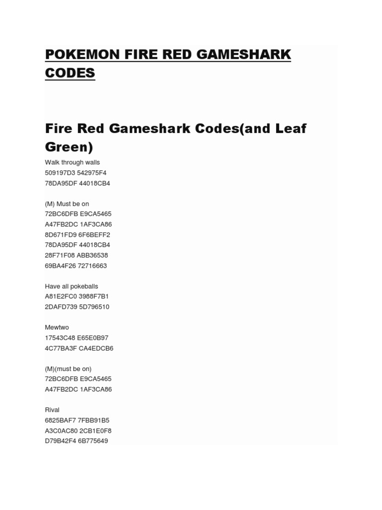 Pokemon Fire Red Gameshark Codes, PDF