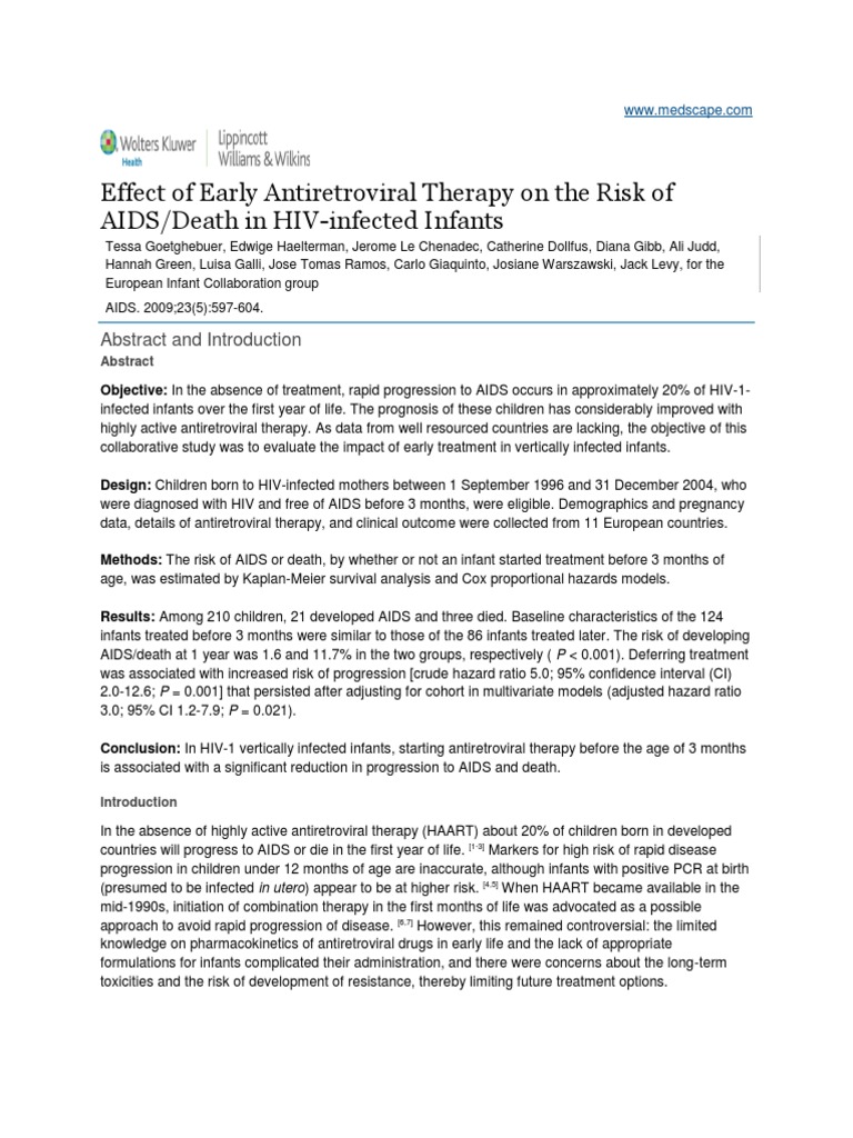 Effect of Early Antiretroviral Therapy | PDF | Management Of Hiv/Aids ...