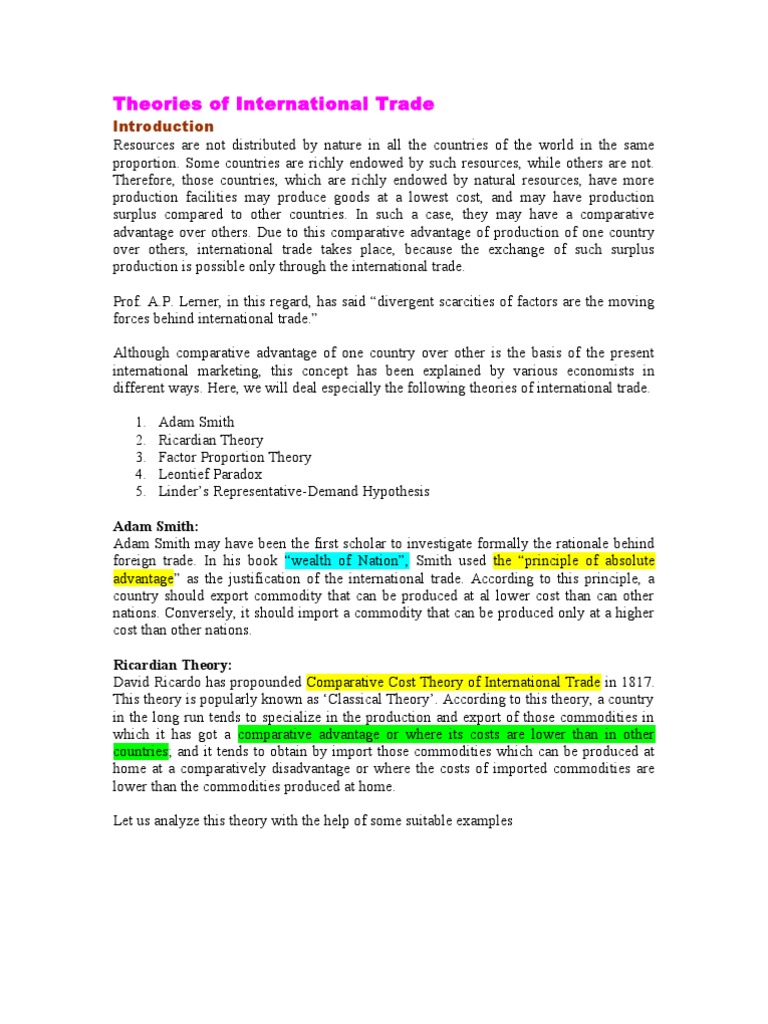 Key Theories of International Trade | PDF | Comparative Advantage ...