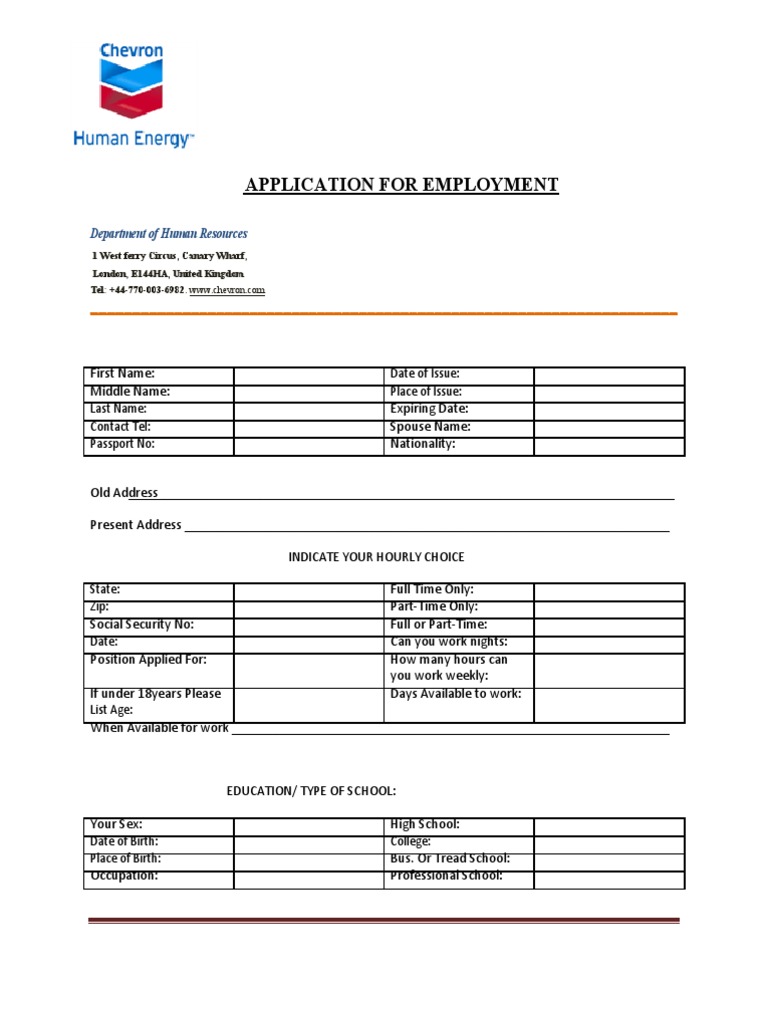 Chevron Oil and Gas Company Application Form Employment Government