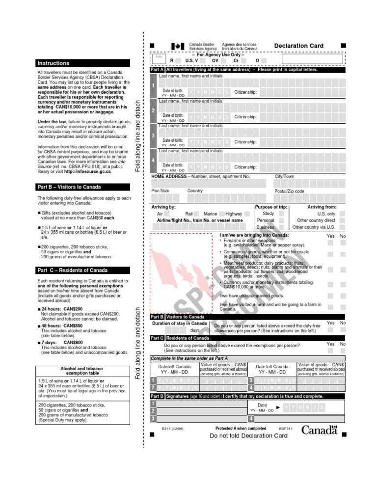 Canada Customs E311 Declaration Card | PDF