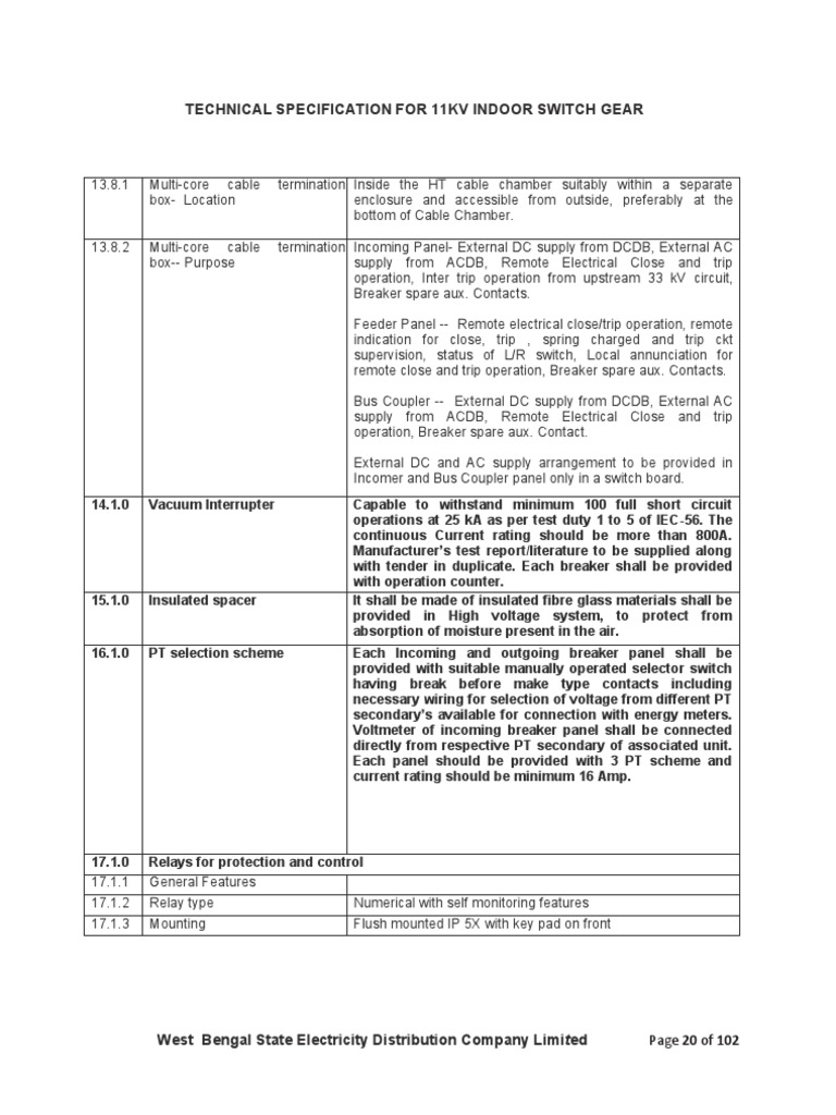 11kV Indoor Switchgear Specifications | PDF | Relay | Switch
