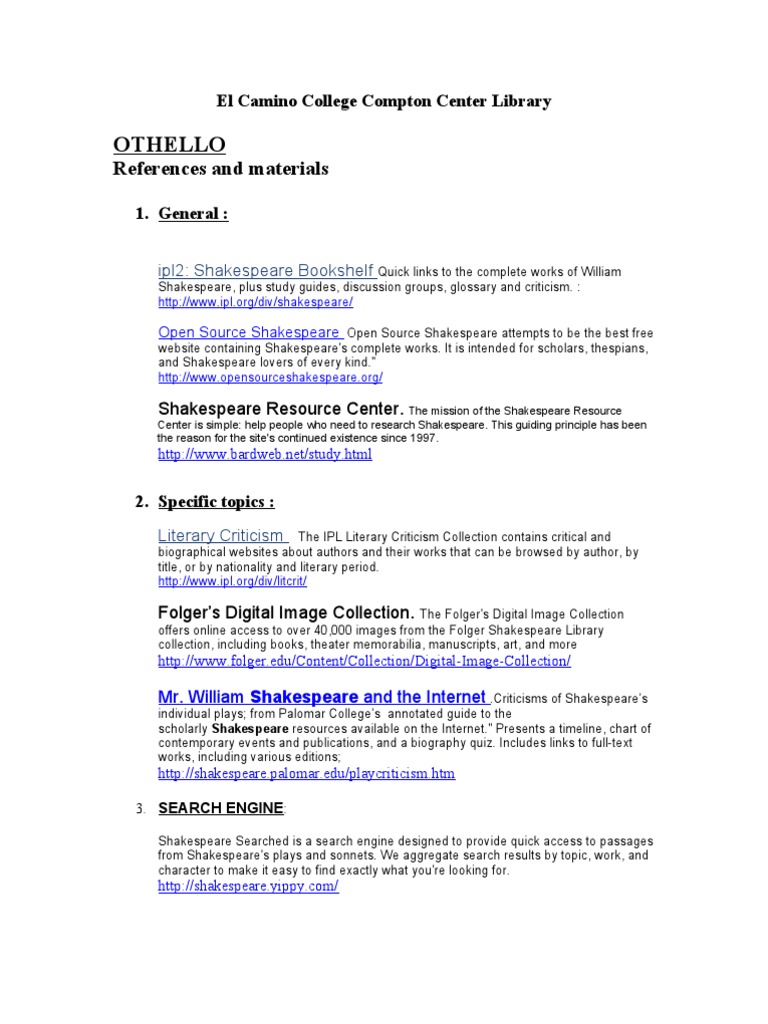 Critical essays shakespeare palomar