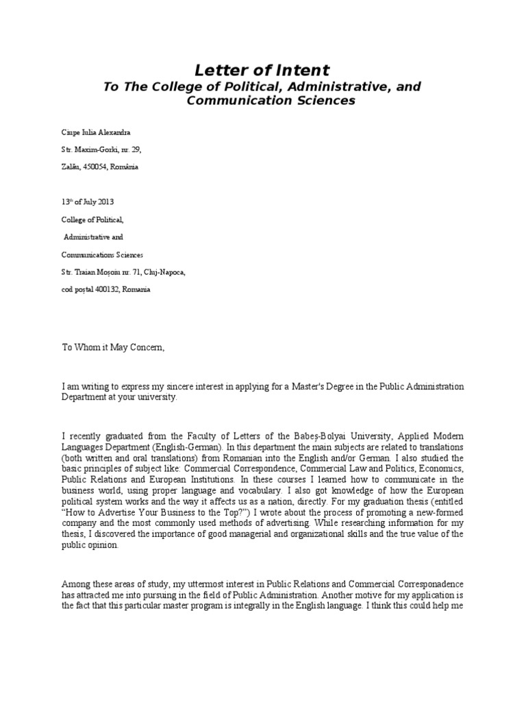 Letter Of Intent Public Administration University