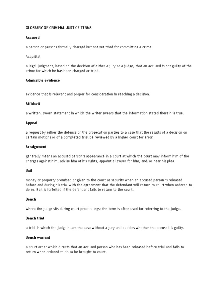 Glossary of Criminal Justice Terms For EFL | PDF | Prosecutor | Plea