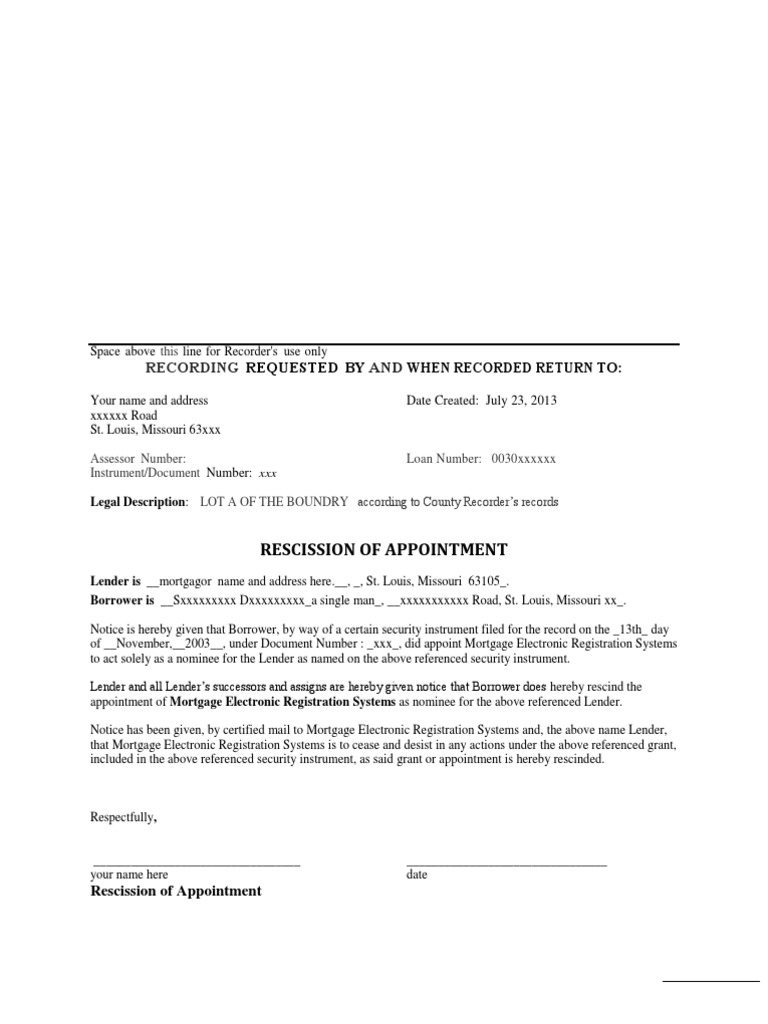 Rescission of Mortgage Appointment Document | PDF | Finance & Money ...