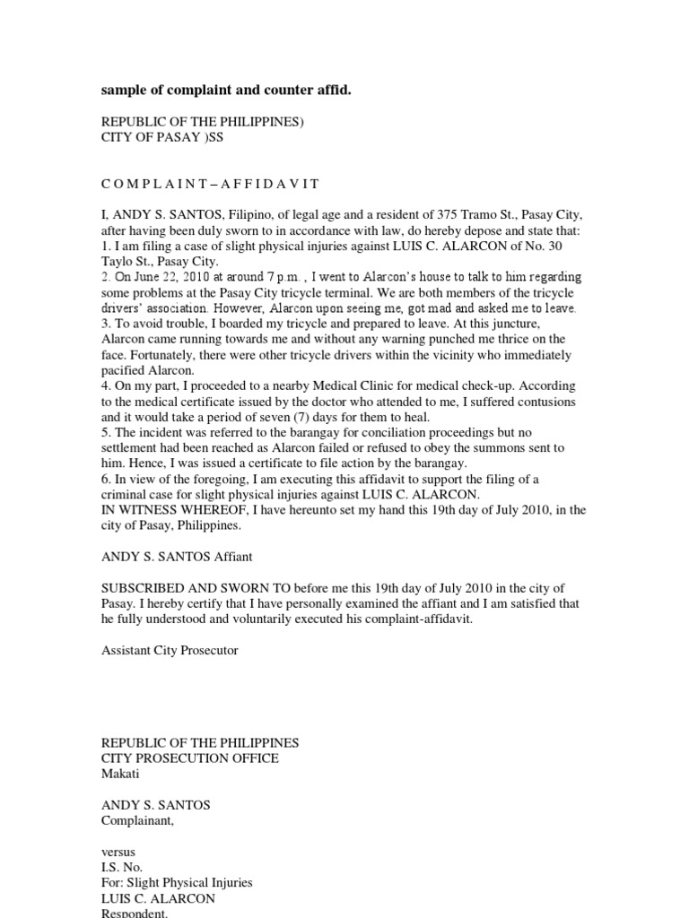 Complaint and Counter Affidavit Sample | PDF | Legal Procedure ...