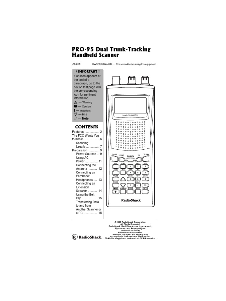 Radio Shack Pro95 Scanner Manual Rechargeable Battery Radio
