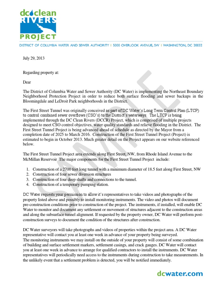 Pre Construction Survey Letter Combined Sewer Tunnel