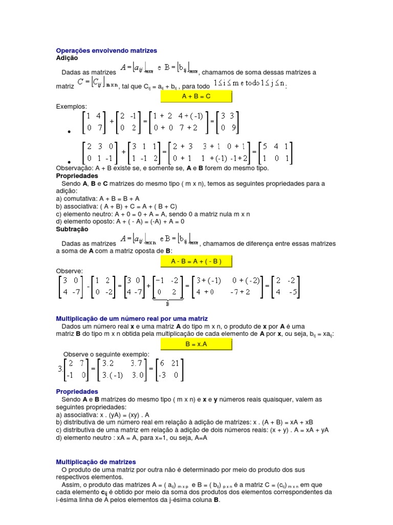 Operações e Propriedades de Matrizes | PDF | Matriz (Matemática ...