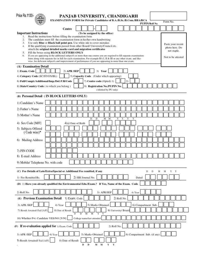 Panjab University, Chandigarh Centre Important Instructions PDF