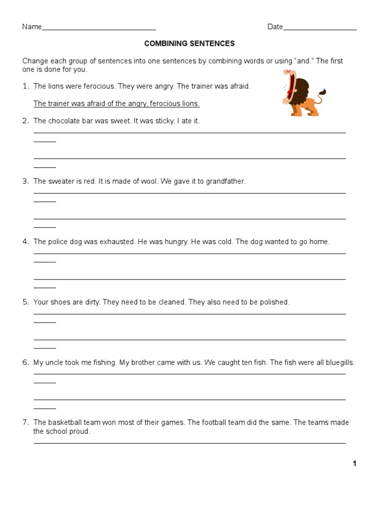 Combining Sentences Fourth Grade Worksheets