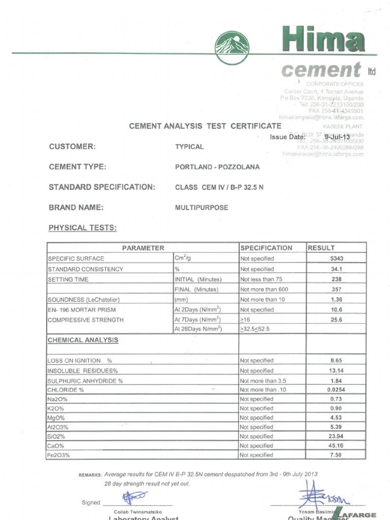 01 - Test Certificate - Multipurpose - Cem IV 32.5n - Specification ...