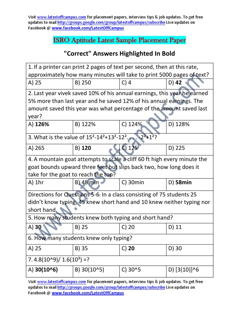 ISRO Aptitude Sample Placement Paper | PDF | Test (Assessment ...