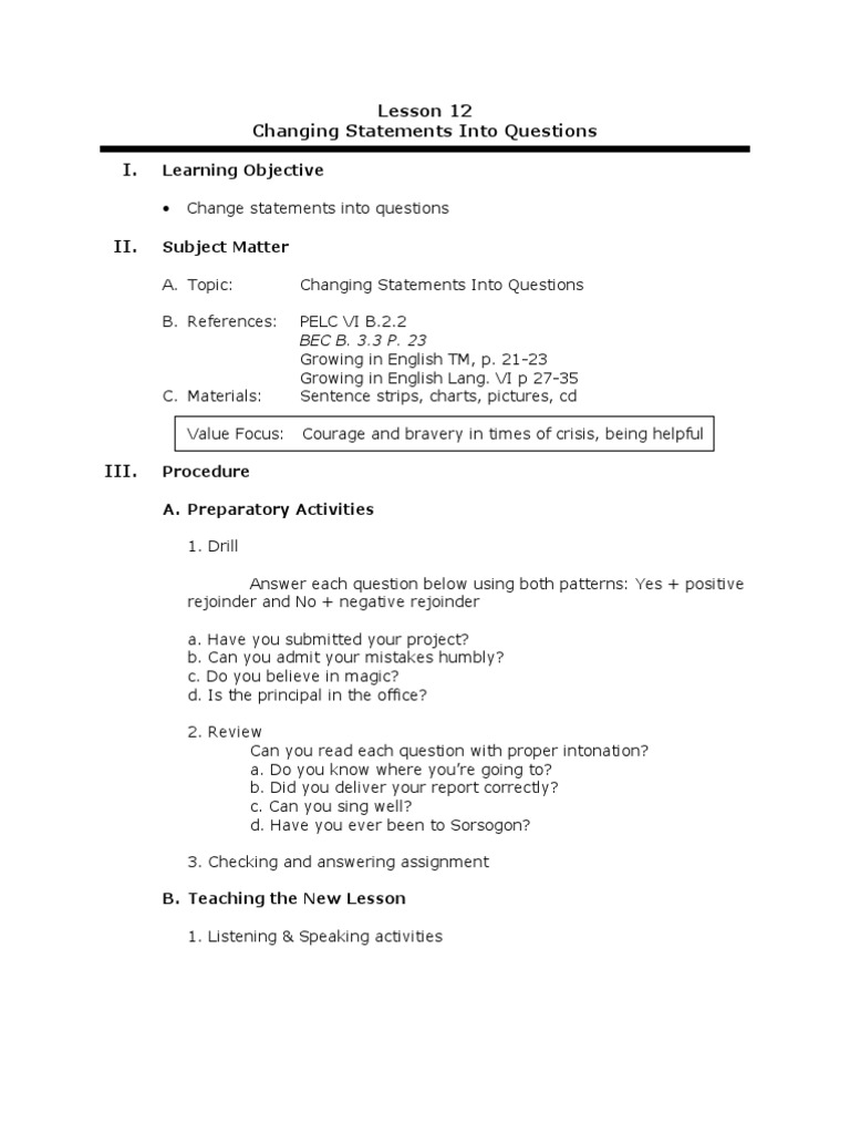 Lesson 12 Changing Statements Into Questions | PDF | Question | Verb