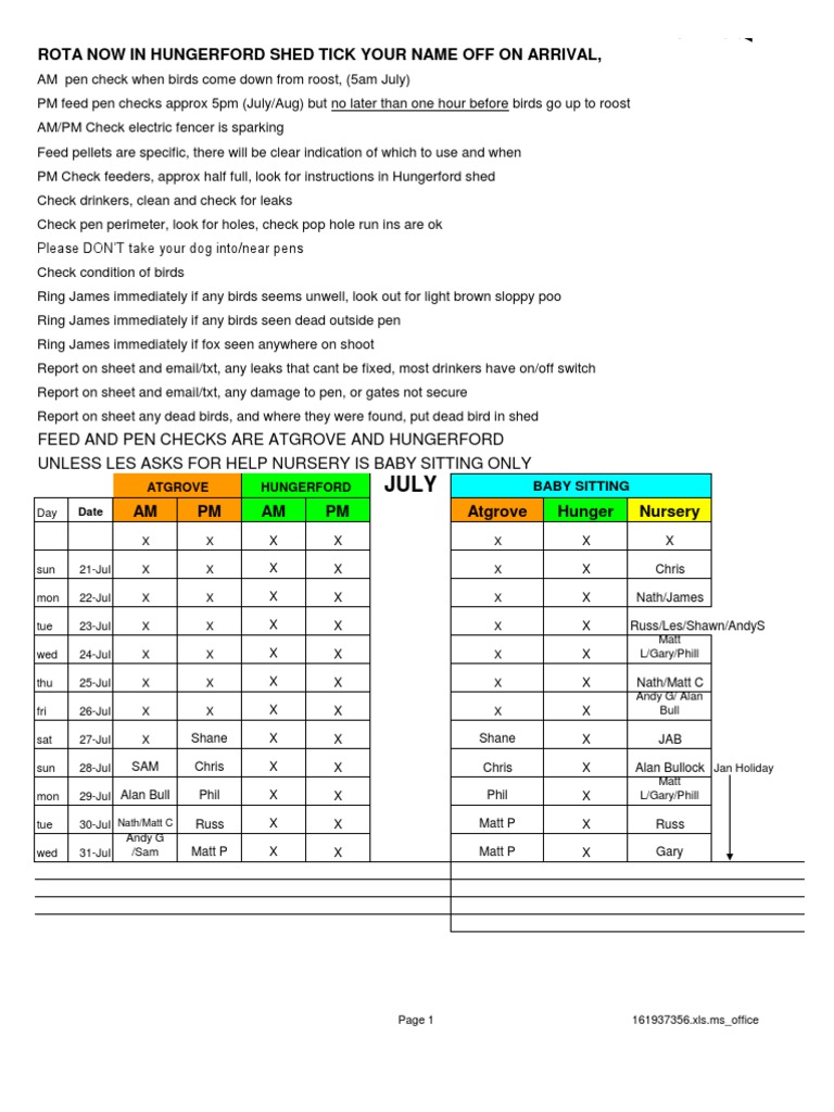 ROTA Updated 2 Aug | PDF | Nature