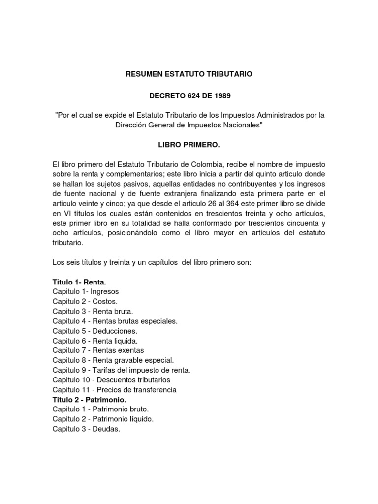 Resumen EstatutoTributario Colombia PDF Impuesto sobre la renta
