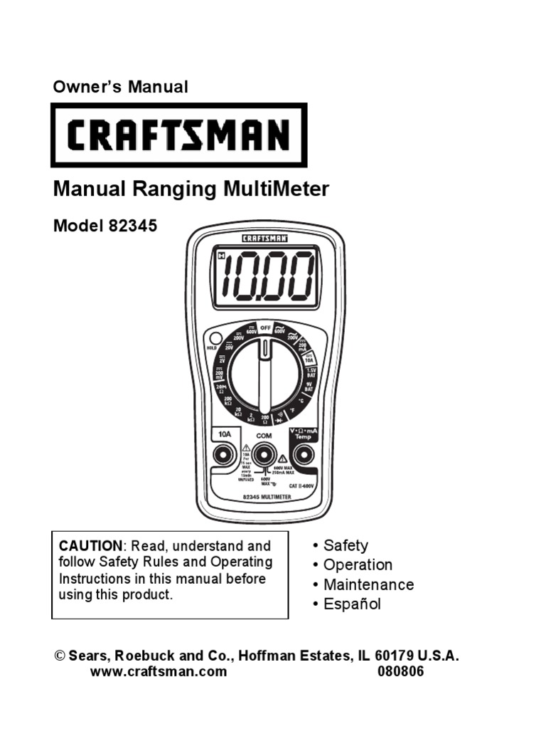 Craftsman 82345 Multi Meter manual Direct Current Switch Free 30