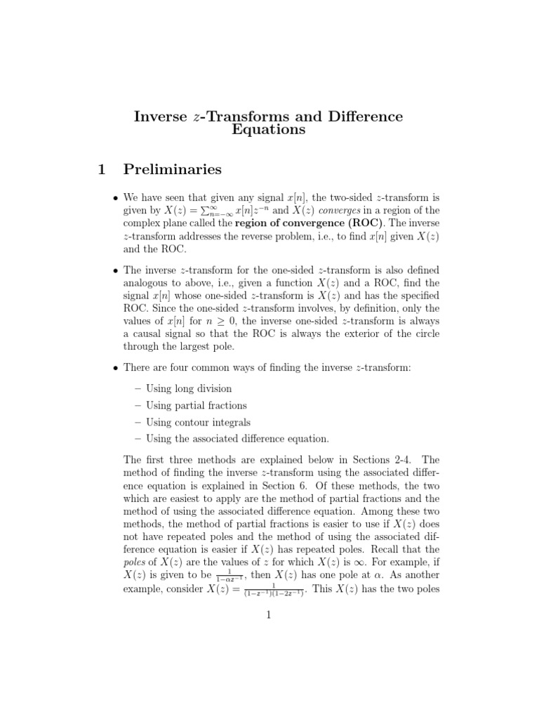 Inverse Z-Transforms and Difference Equations 1 Preliminaries | PDF ...